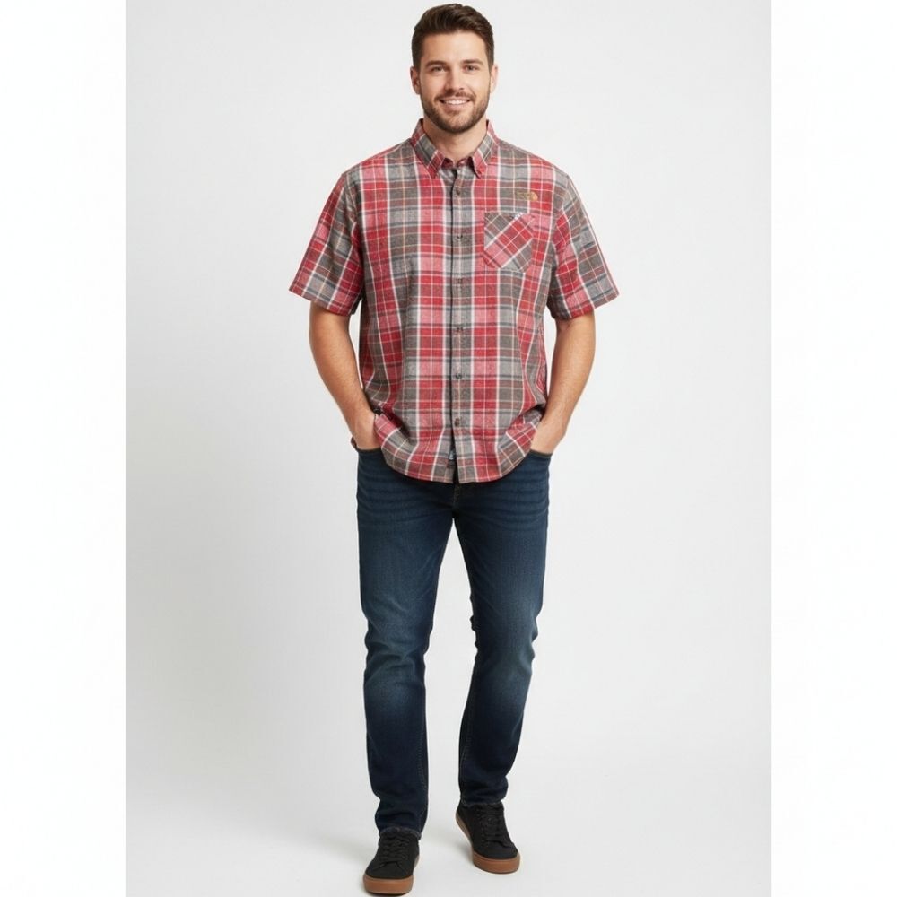 The North Face Seersucker Shirt QuickDry SS Alcoasta Red Plaid Button Up XXL 2XL